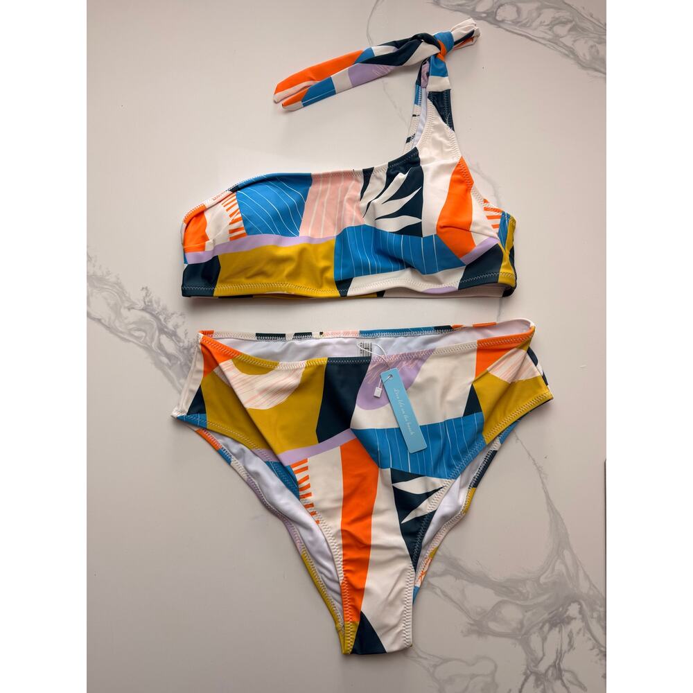 NWT Women’s One Shoulder Bikini Set Multicolor Abstract Print Size Large